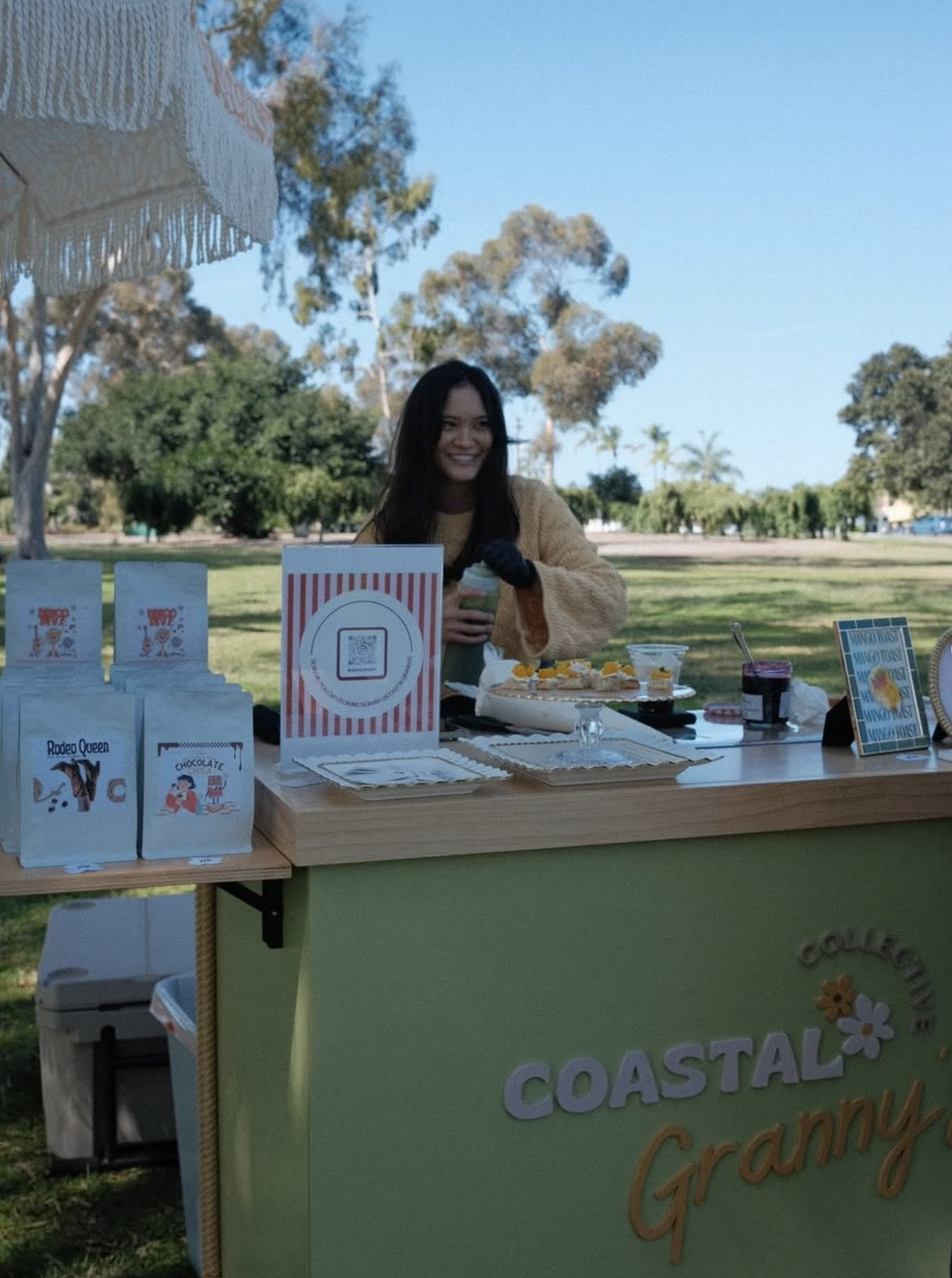Kelly at the Coastal Granny's cart outdoors